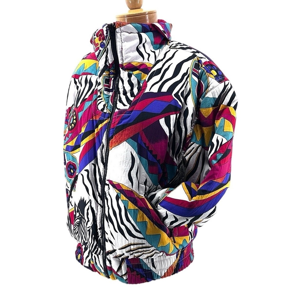 Vintage‎ Tyrolia Women XL Reversible Ski Jacket 90s Y2K Colorful Retro Zebra